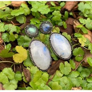 Sterling Silver Rainbow Moonstone Labradorite Pave Black Spinel Earrings